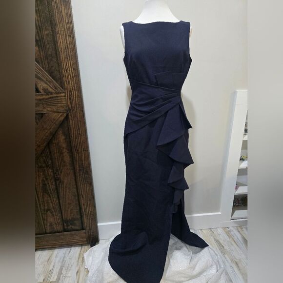 Eliza J Ruffle Front Gown NWT size 10 Navy Blue - Picture 3 of 5